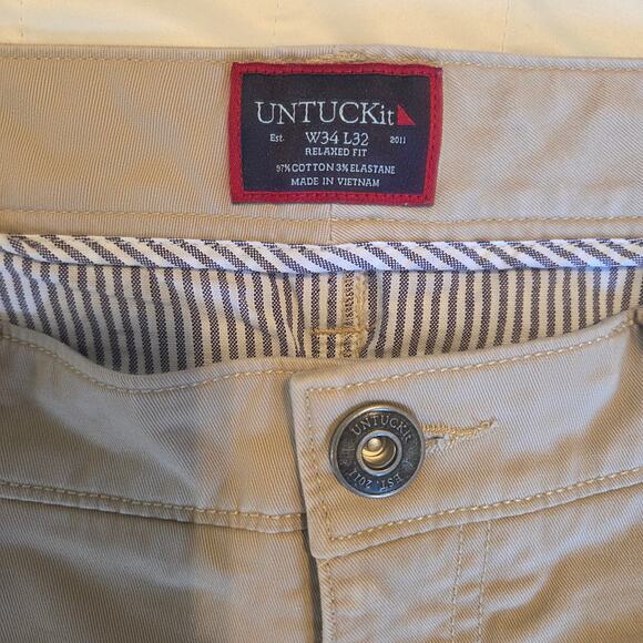 Untuckit 5-Pocket Chino Pants Don Santiago Tan 34x32 Relaxed Fit Men's Stretch - Picture 9 of 12